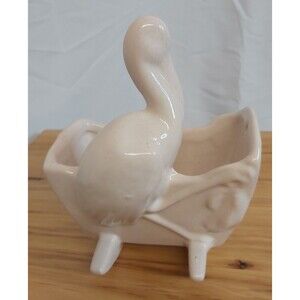 1939 Haeger Baby Cradle Planter pink Pottery Stork Mid Century Nursery Vase Vtg